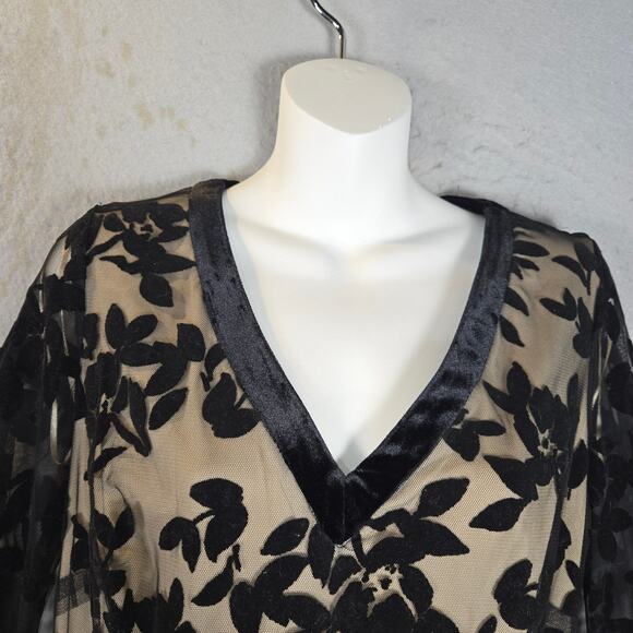 Taylor Women Size 12 Midi Dress Velvet Flocked Mesh Overlay Floral Dark Feminine - Picture 3 of 14